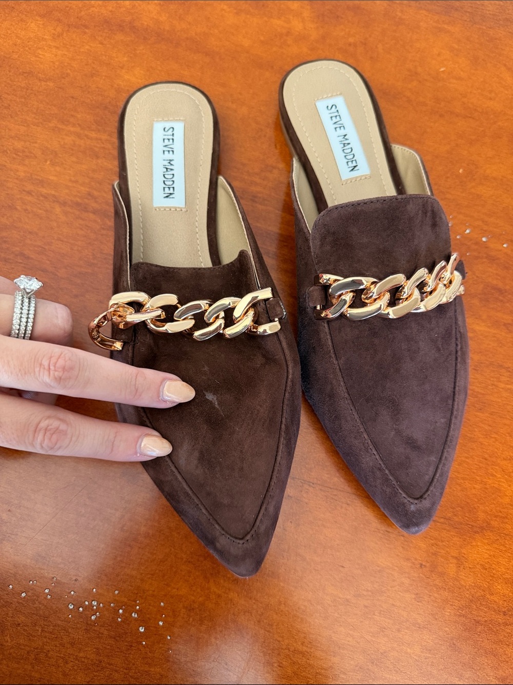 Steve Madden Brown Suede Chain-Trim Mules - Picture 6 of 7